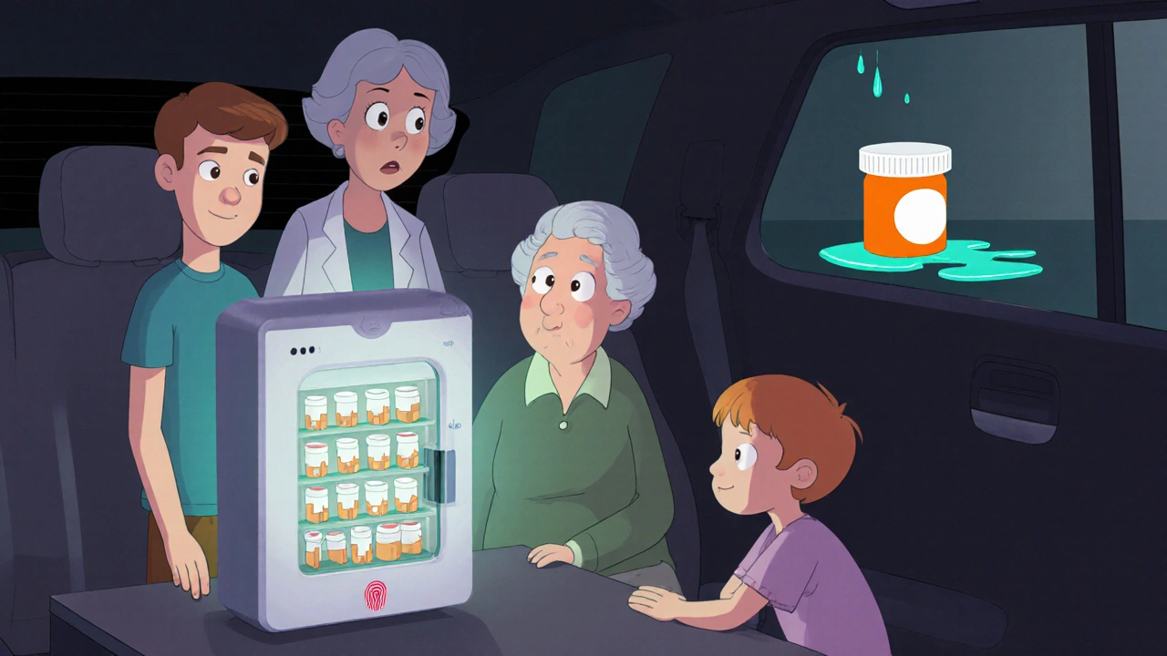 A family using a smart pill dispenser with a caregiver unlocking it safely.