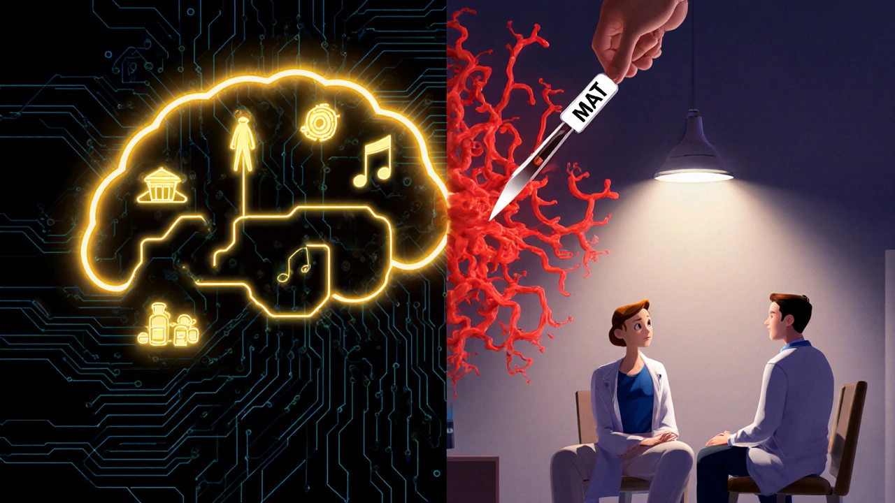 A glowing brain with healthy rewards on one side and an invasive red vine representing opioid addiction being pruned by MAT.