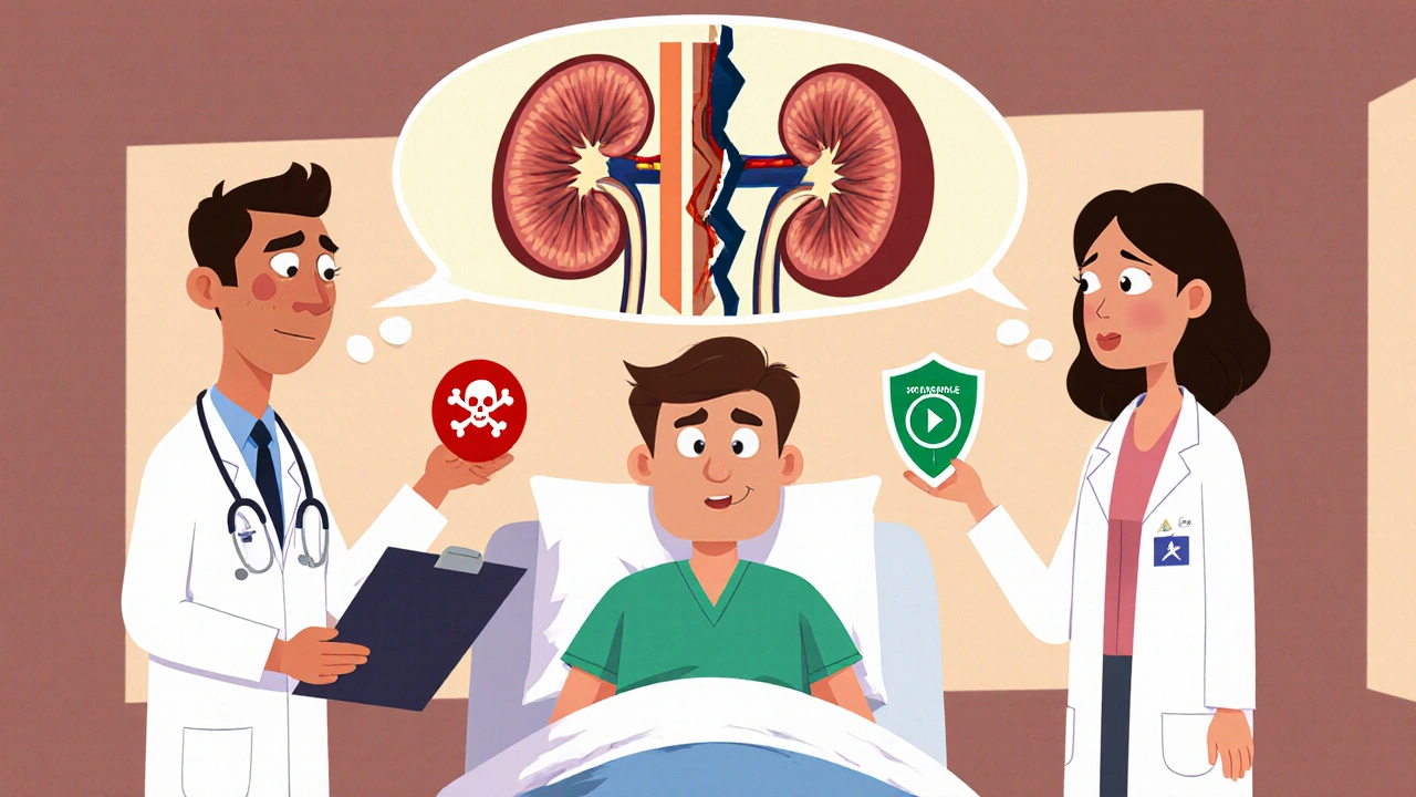 A patient and doctors debating risky vs. safe antifungal pills with a cracked kidney warning.