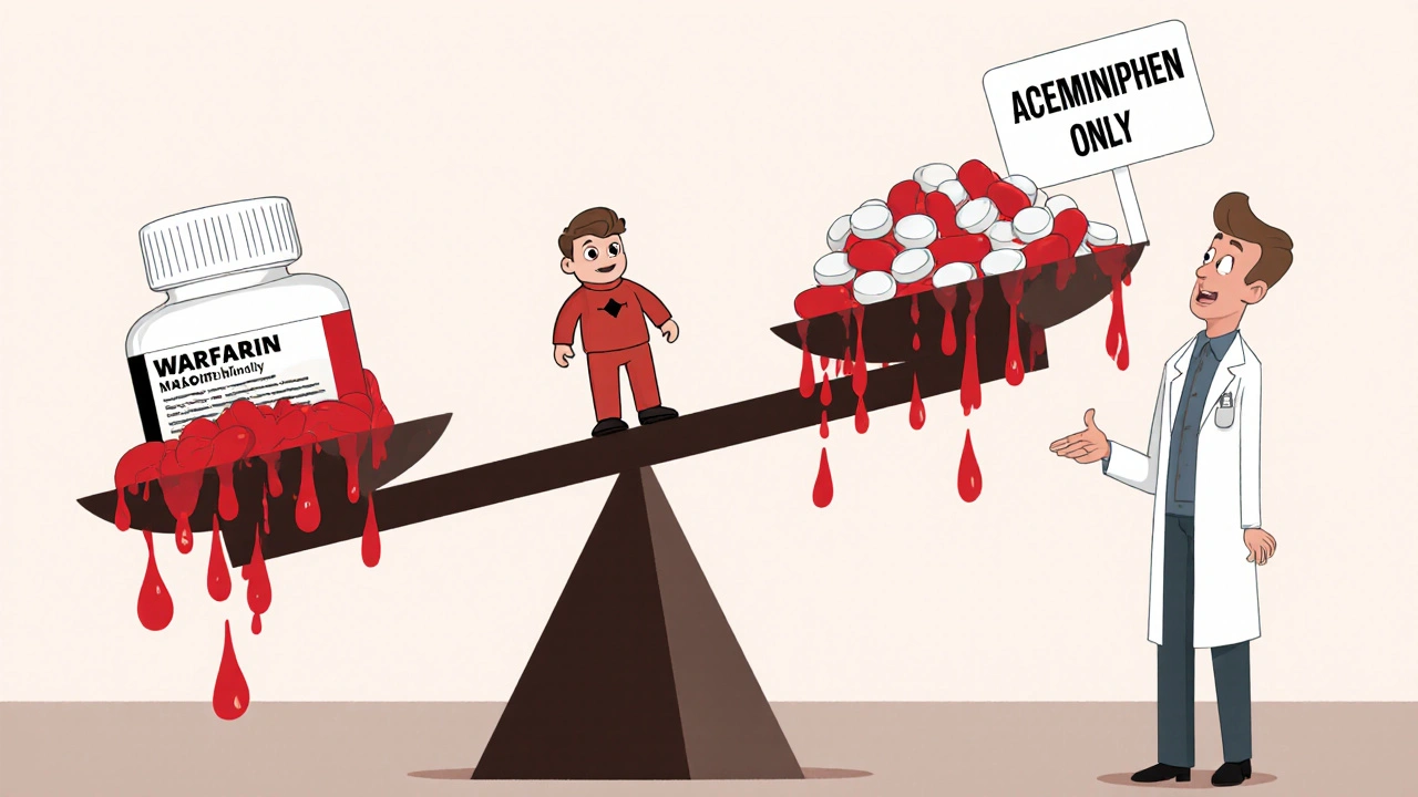 A patient balancing warfarin against a mountain of NSAIDs, with blood streaming from the dangerous side.