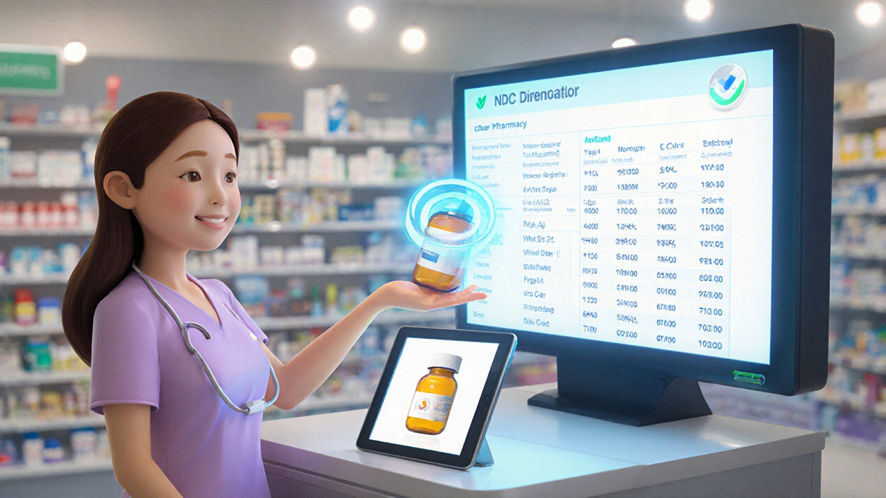 A patient compares their pill bottle to a 3D image on a pharmacy verification tablet.