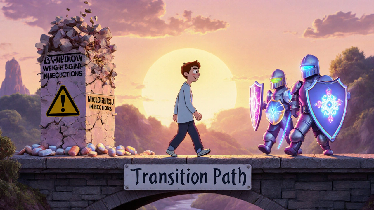 A patient crossing a bridge from steroid side effects to targeted therapies with glowing medical allies.