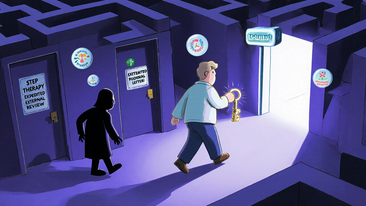 A patient navigates a maze of insurance appeals, holding a glowing key labeled &#039;Doctor’s Letter&#039; toward a bright exit.