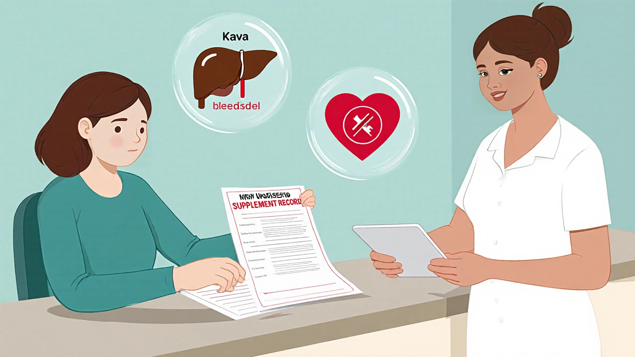 A patient submits a supplement list at a clinic, with floating warning icons for liver, heart, and brain interactions.