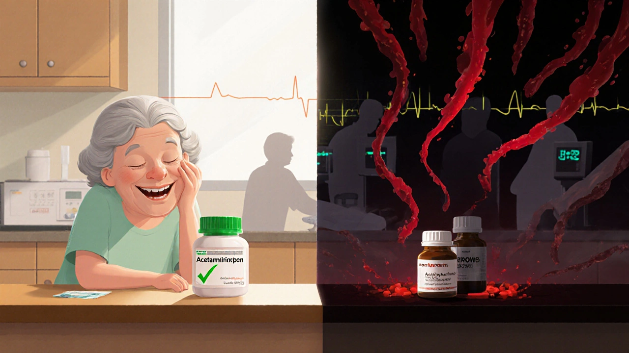 A peaceful scene with acetaminophen versus dangerous NSAID bottles surrounded by blood-like shadows.