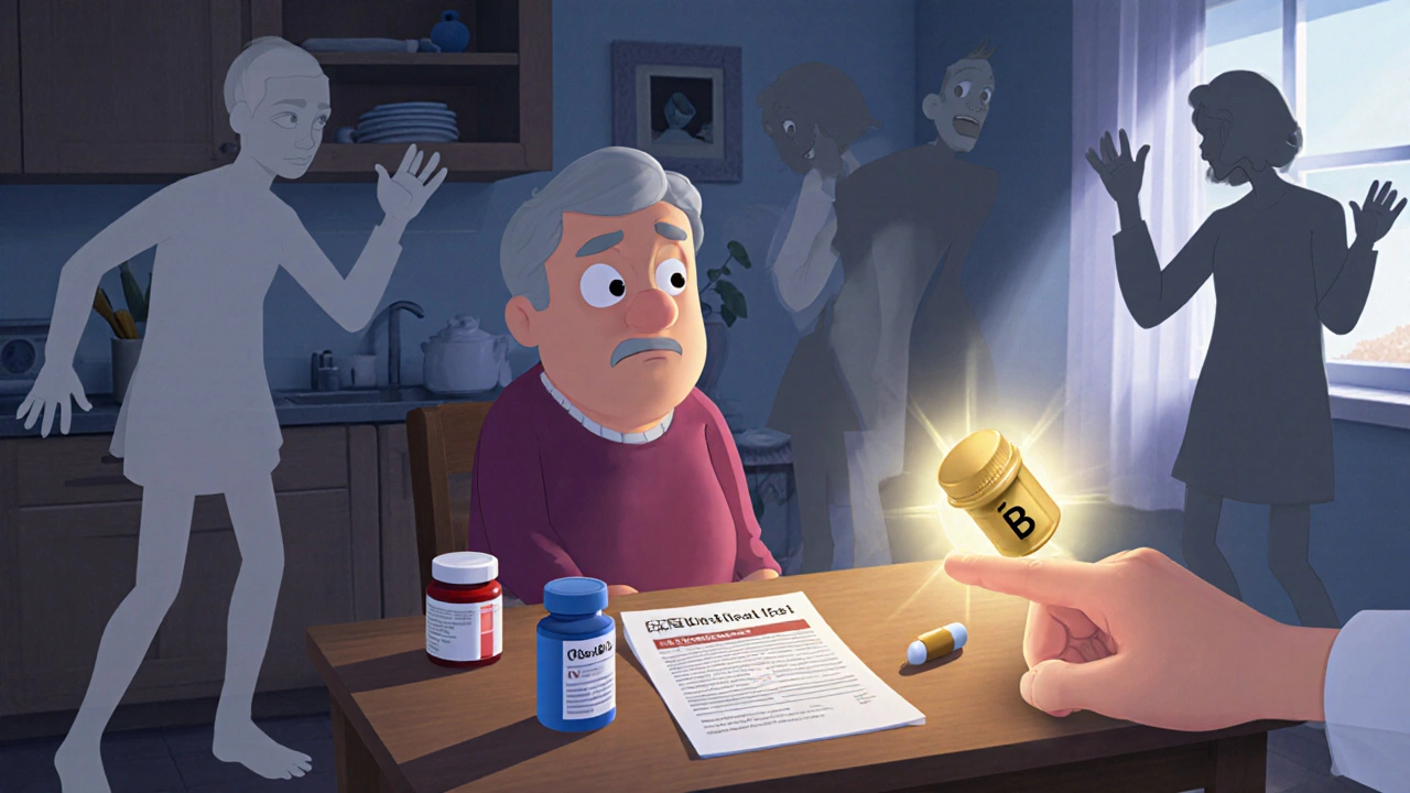 A person surrounded by shadowy symptoms of B12 deficiency, with metformin and calcium pills on a table.