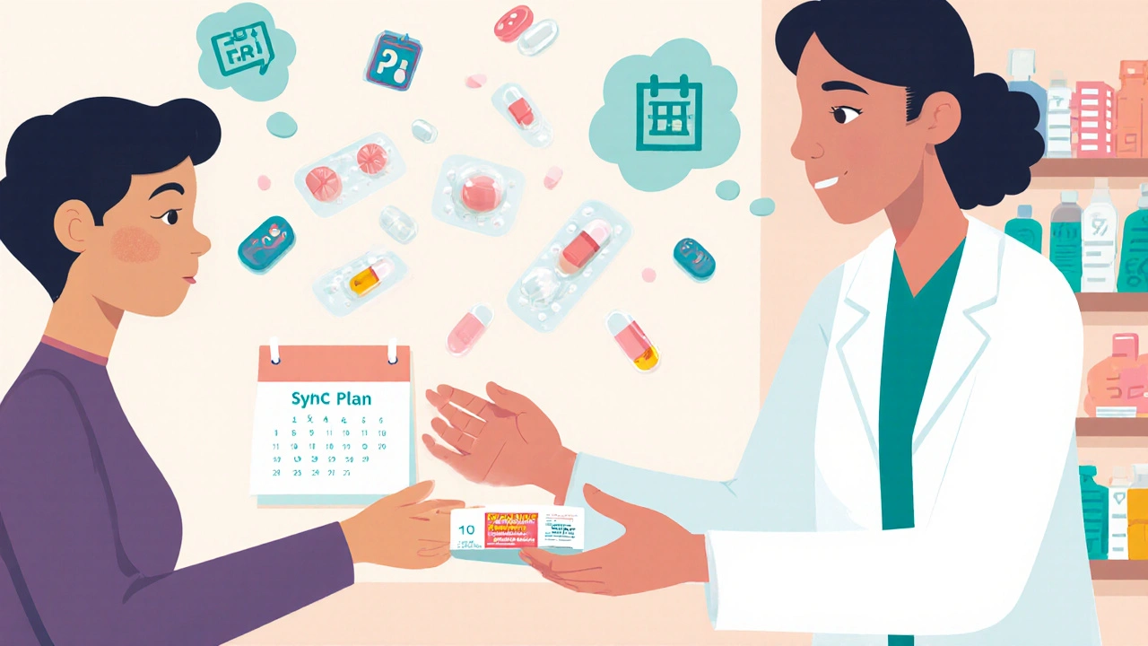 A pharmacist explains medication synchronization with floating pills aligning on a calendar to a patient.