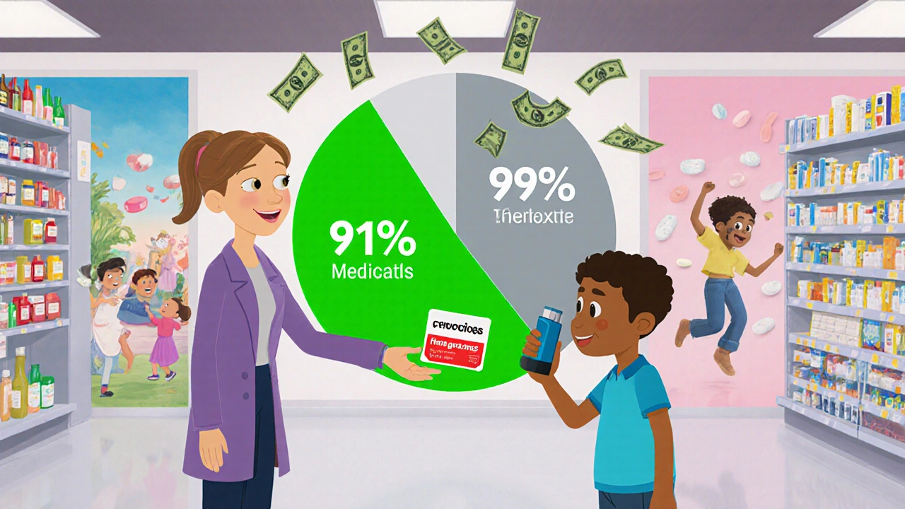 A pharmacist gives a child an inhaler as a giant chart shows mostly generics.
