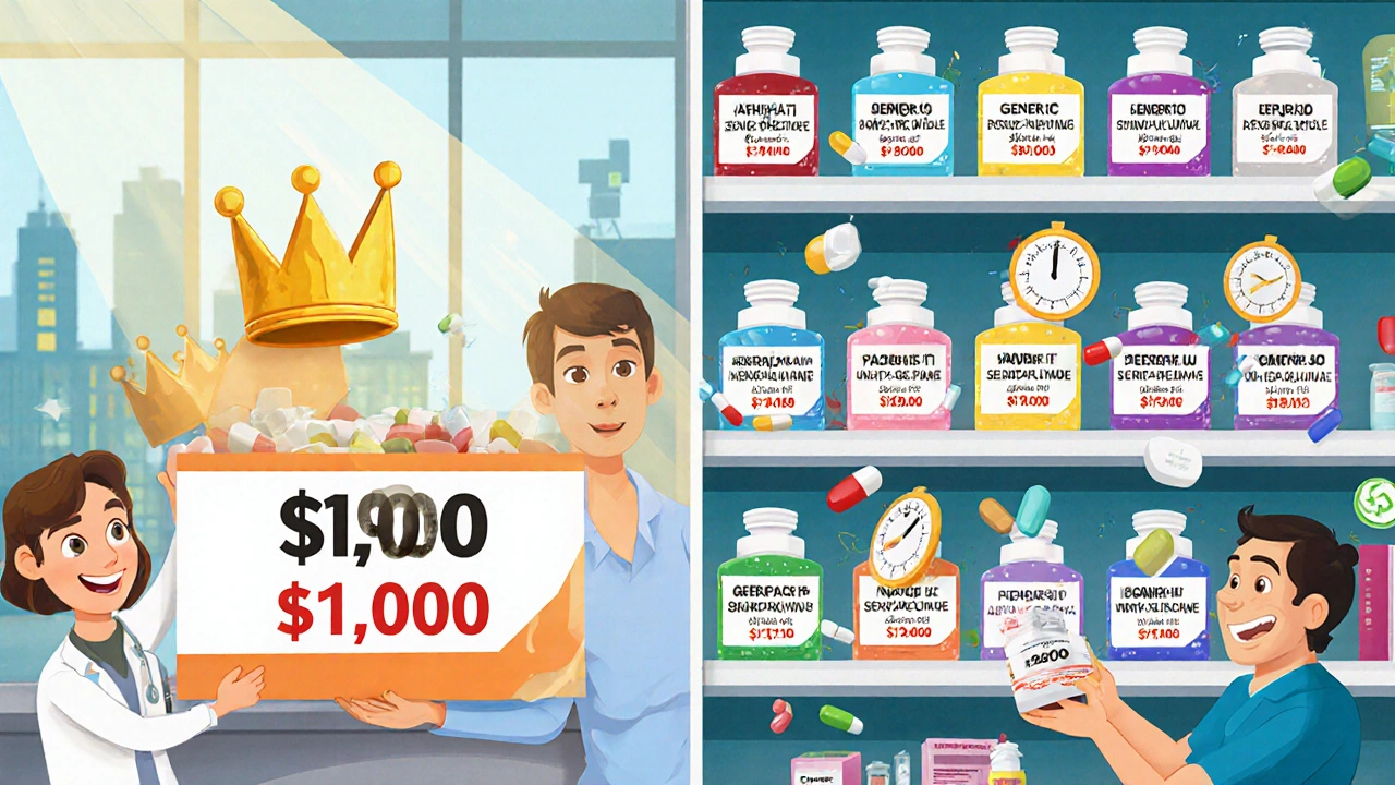 A pharmacy shelf with one expensive branded drug versus many affordable generics.
