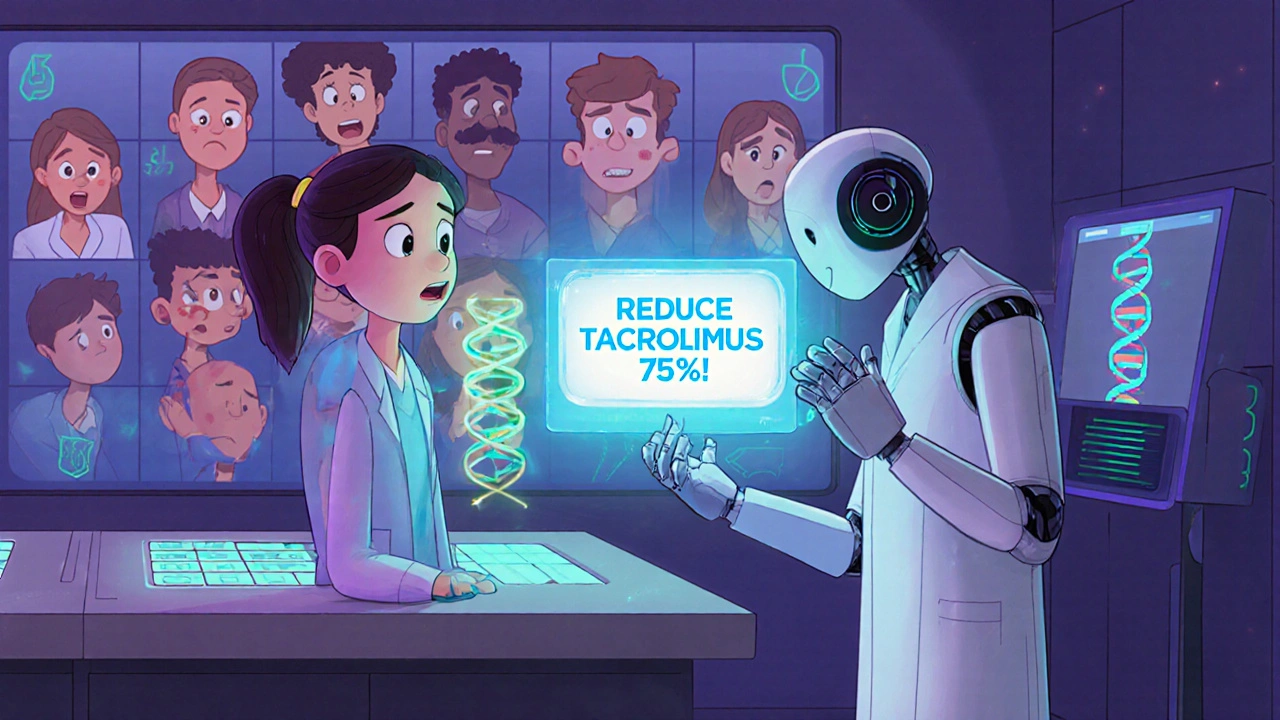 A robotic pharmacist scanning DNA to adjust tacrolimus dose in a futuristic clinic.