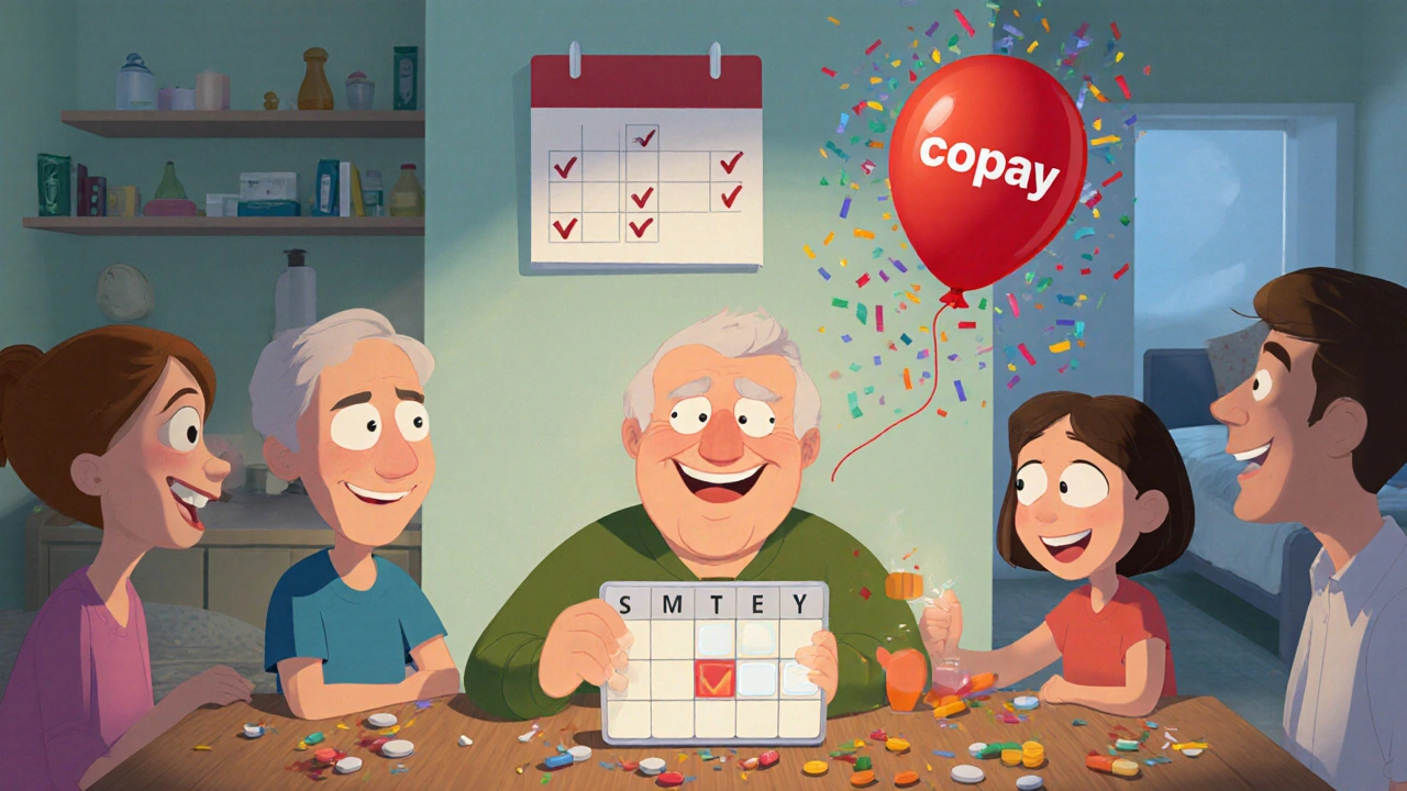 An elderly man takes his monthly meds at dinner, with a combo pill floating above and a calendar showing one sync date.