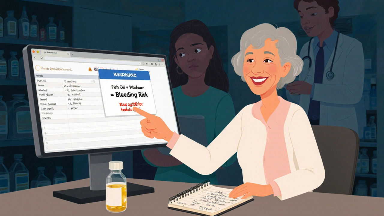 An elderly woman and her doctor review a supplement warning on a screen, with a notebook and fish oil bottle on the table.