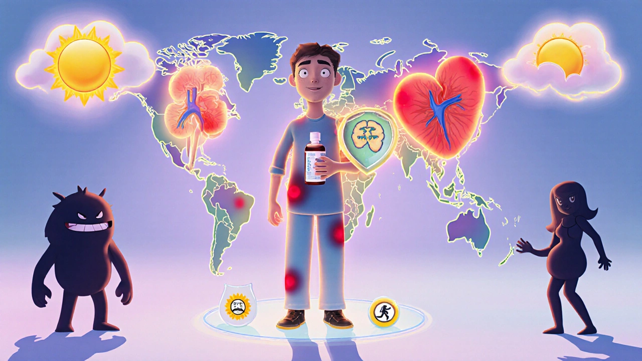 Body map with glowing hotspots and trigger figures, person holding medication with protective icons