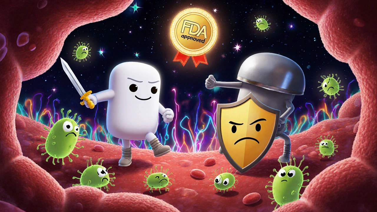 Cartoon antibiotics fighting bacteria in a bloodstream, with tazobactam blocking enzymes and piperacillin attacking pathogens.