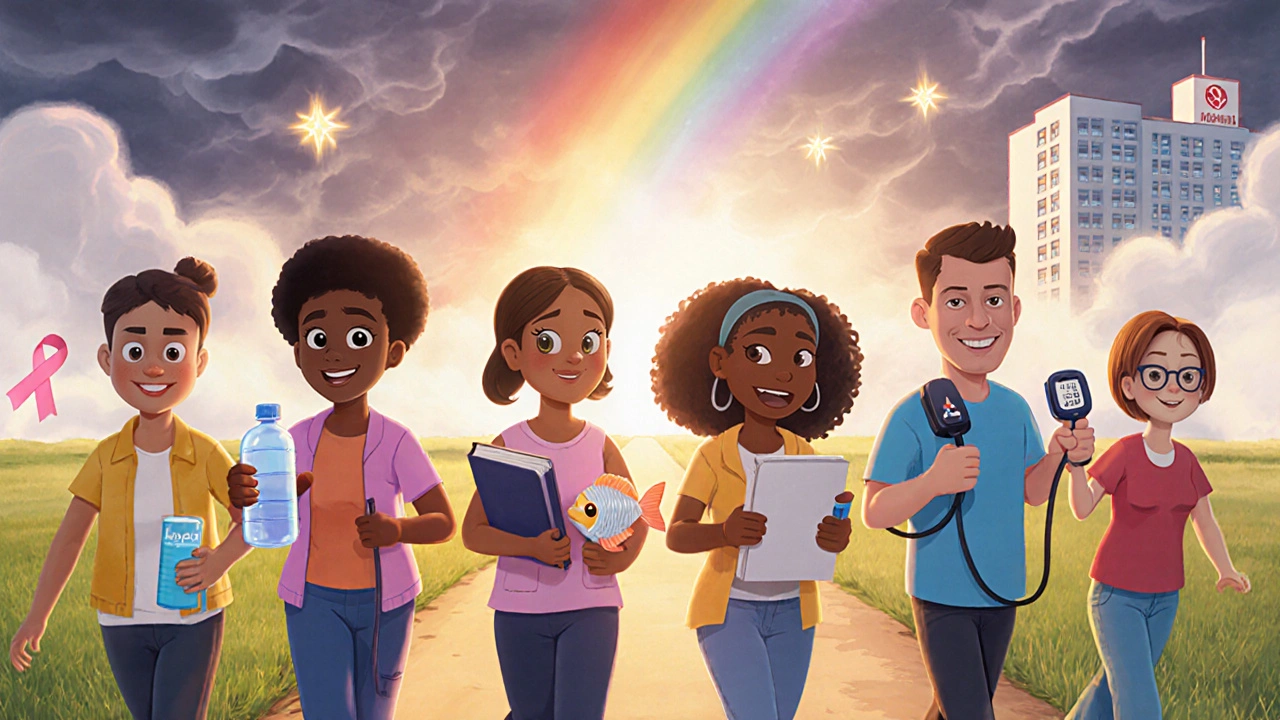 Diverse group walking on sunlit path with health tools, storm clouds fading into rainbow mist