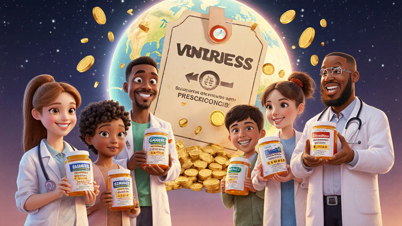 Diverse patients holding generic antibiotic vials as treasure, with a crumbling price tag and a globe showing reduced resistance.