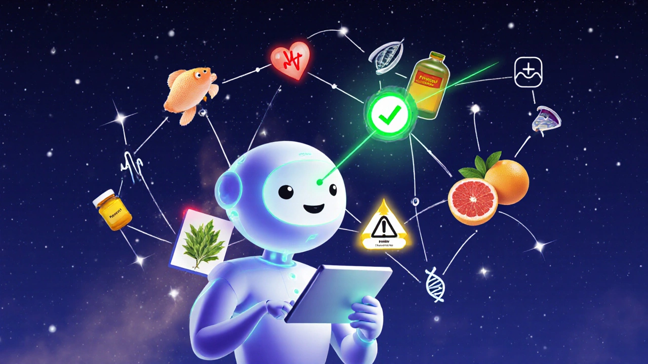 Friendly AI assistant scanning pills and supplements with warning and safety signals glowing in a starry sky.