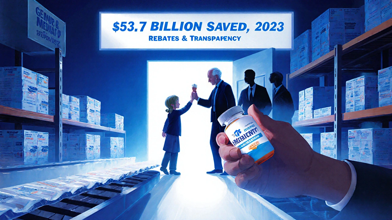 Generic drugs move on conveyor belts with savings banners while middlemen are pushed out.