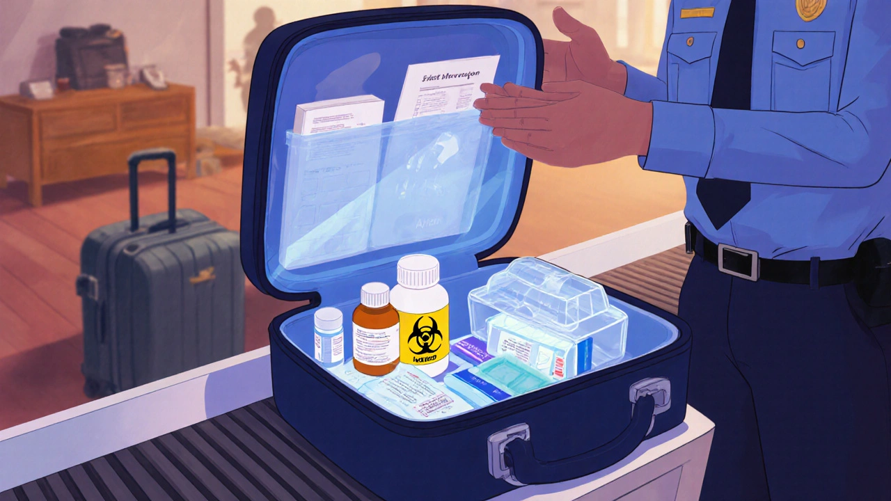 Open carry-on bag with medication bottles, sharps container, and cooling pack neatly arranged.