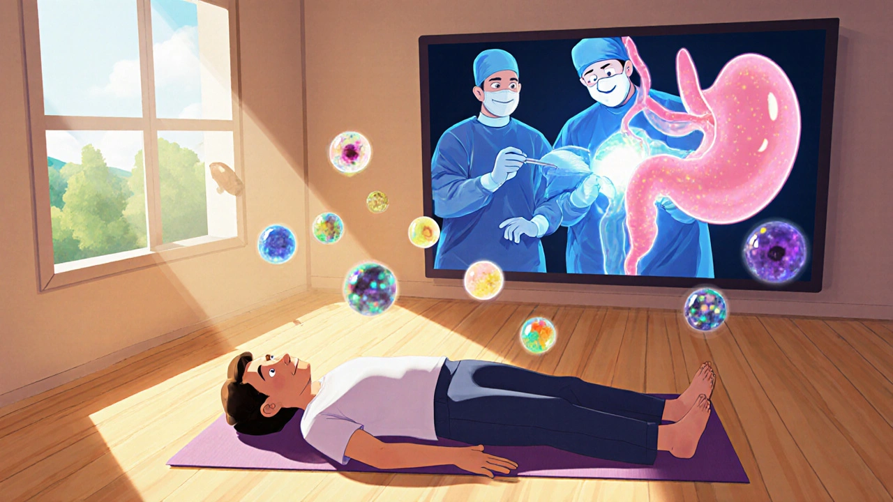 Patient doing yoga with antioxidant orbs, surgical procedure shown in background as symbol of hope.