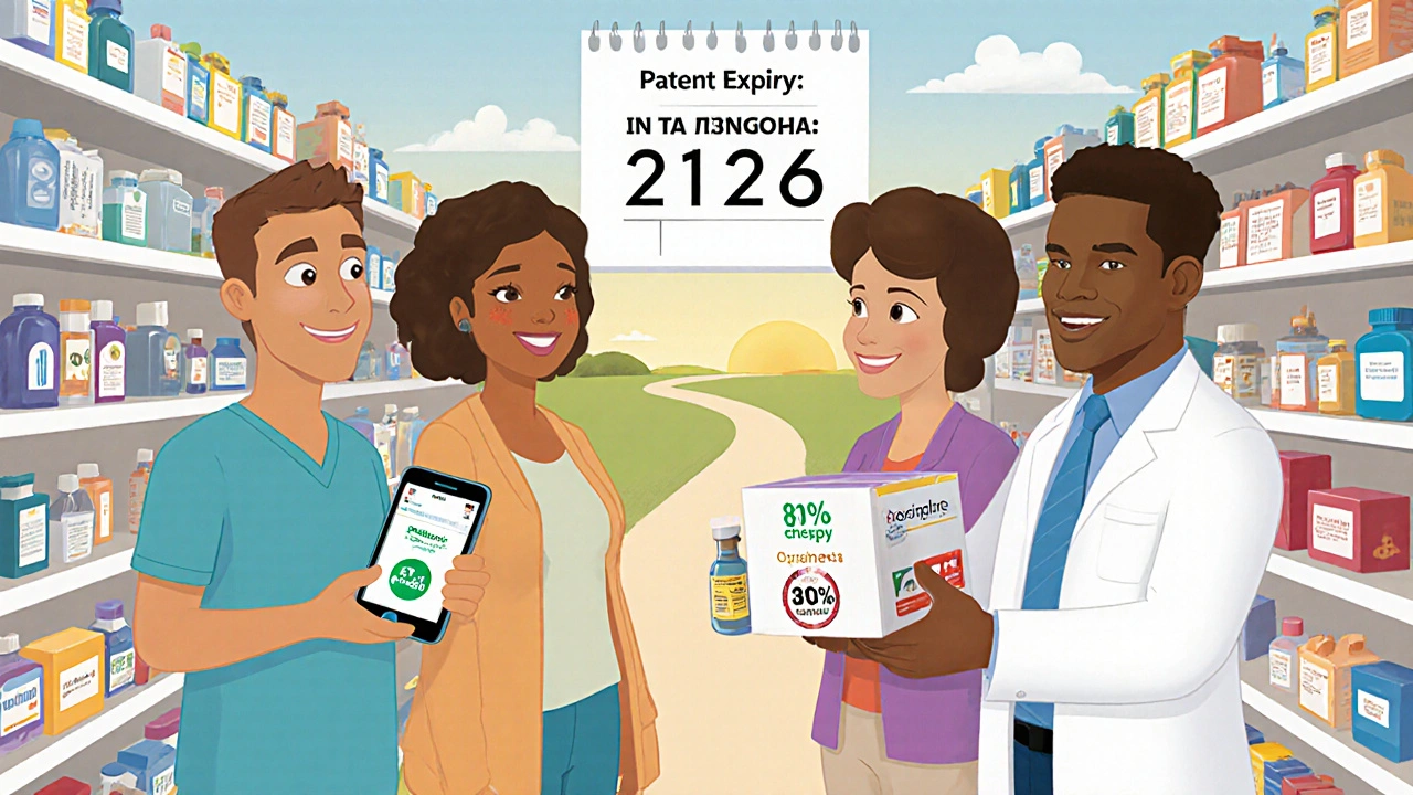 Patients and pharmacist in a pharmacy, swapping brand-name drugs for cheaper generics with GoodRx app visible