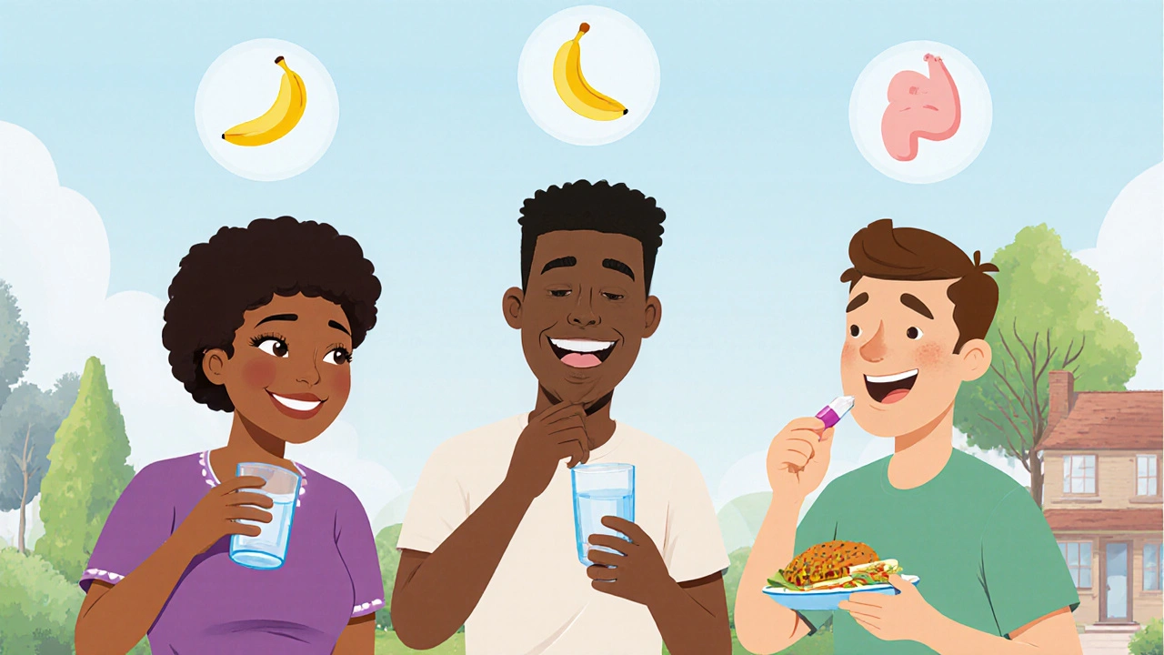 People enjoying daily life as mild digestive side effects gently disappear above them.