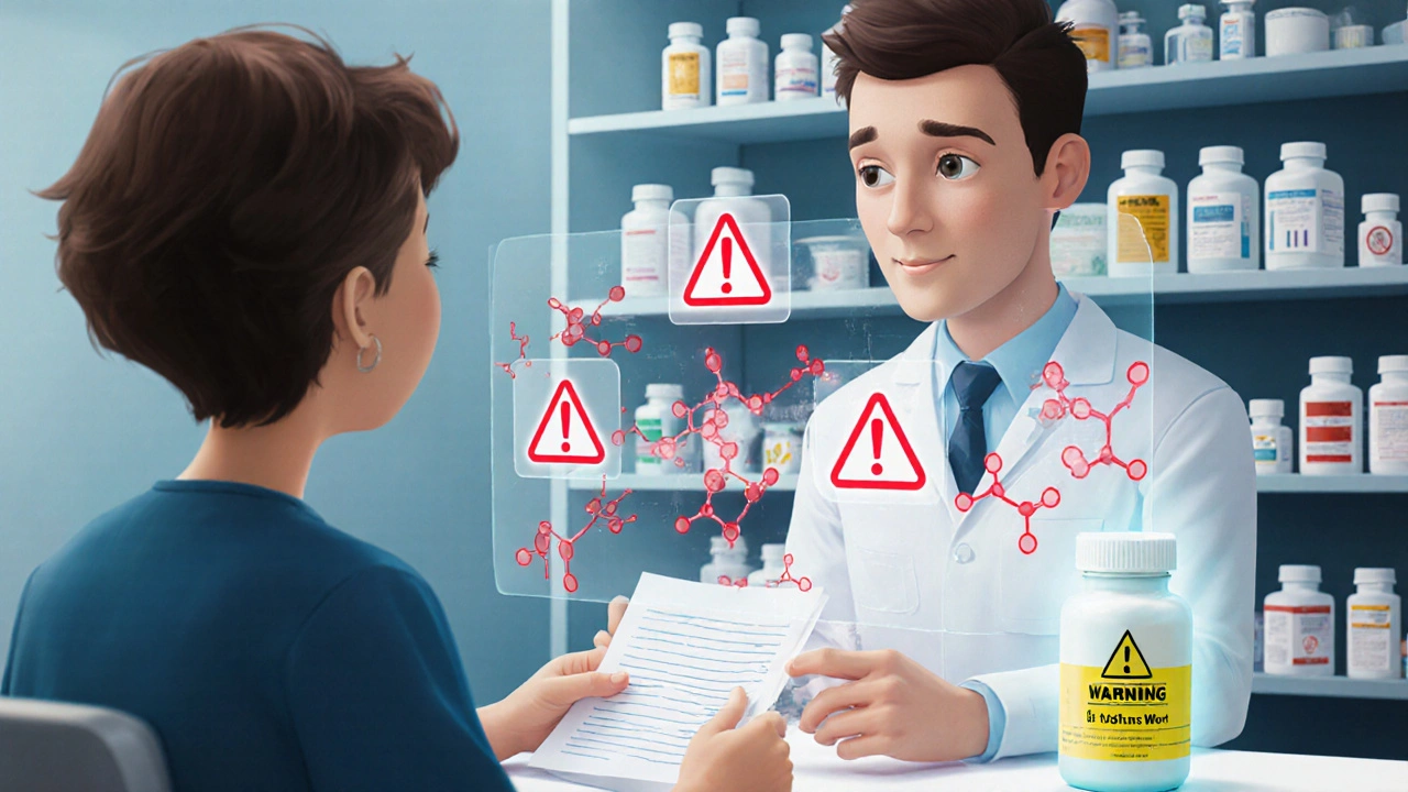 Pharmacist and patient reviewing medication list with digital interaction warnings hovering above the counter.