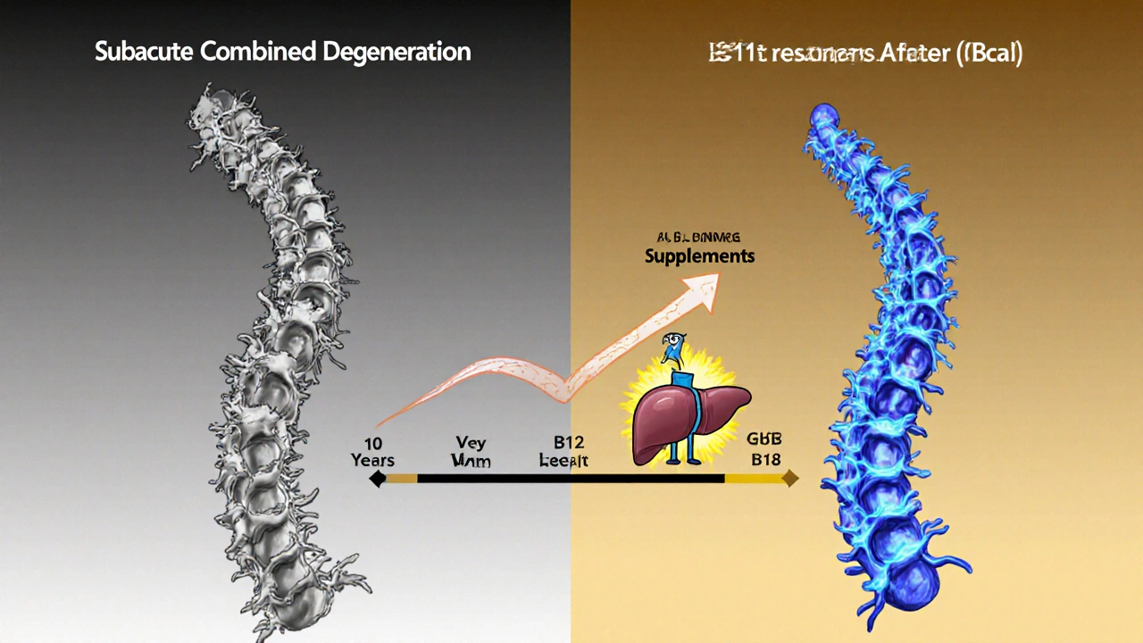 Split image showing damaged vs. restored spinal nerves after B12 treatment in Pixar animation style.