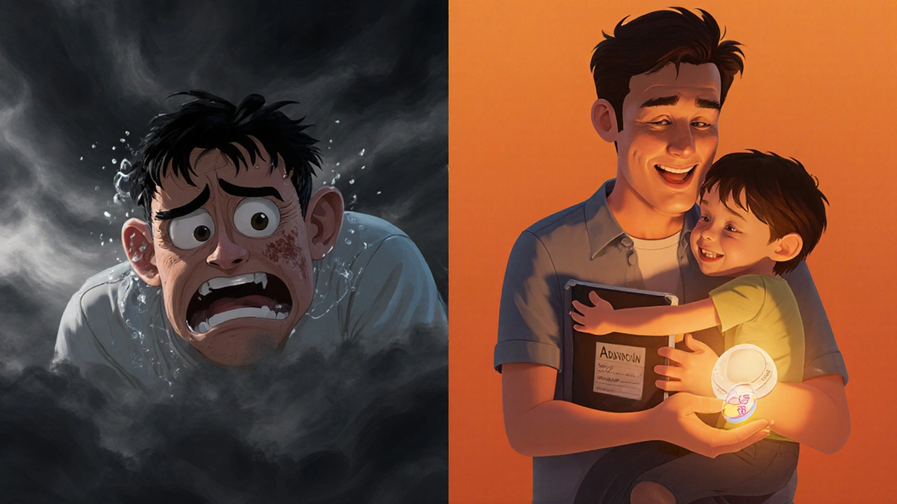 Split scene: one side shows withdrawal symptoms, the other shows recovery with family and medication support.