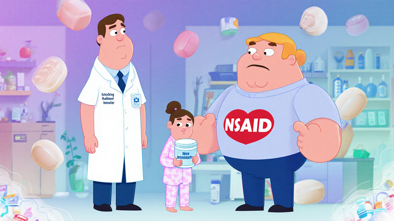 Three pill characters representing different anti-inflammatory drugs in a colorful pharmacy setting.