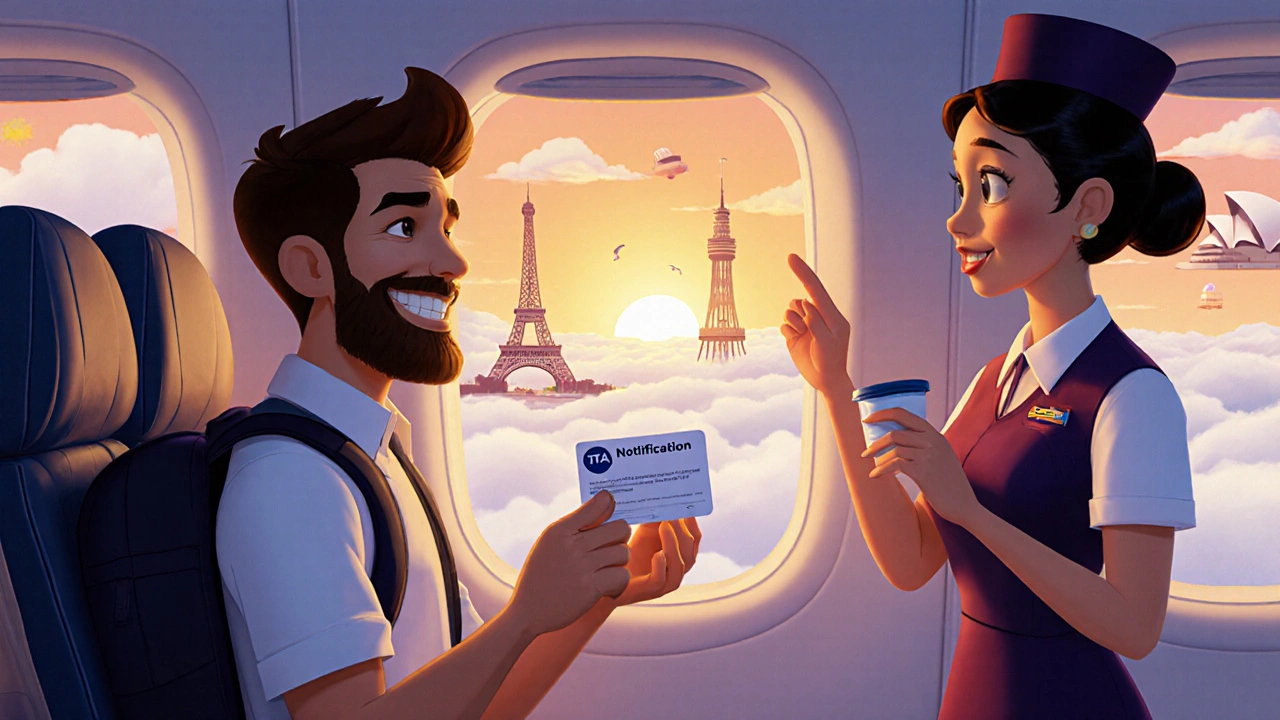 Traveler boarding plane with sharps container and TSA card, smiling as flight attendant nods.