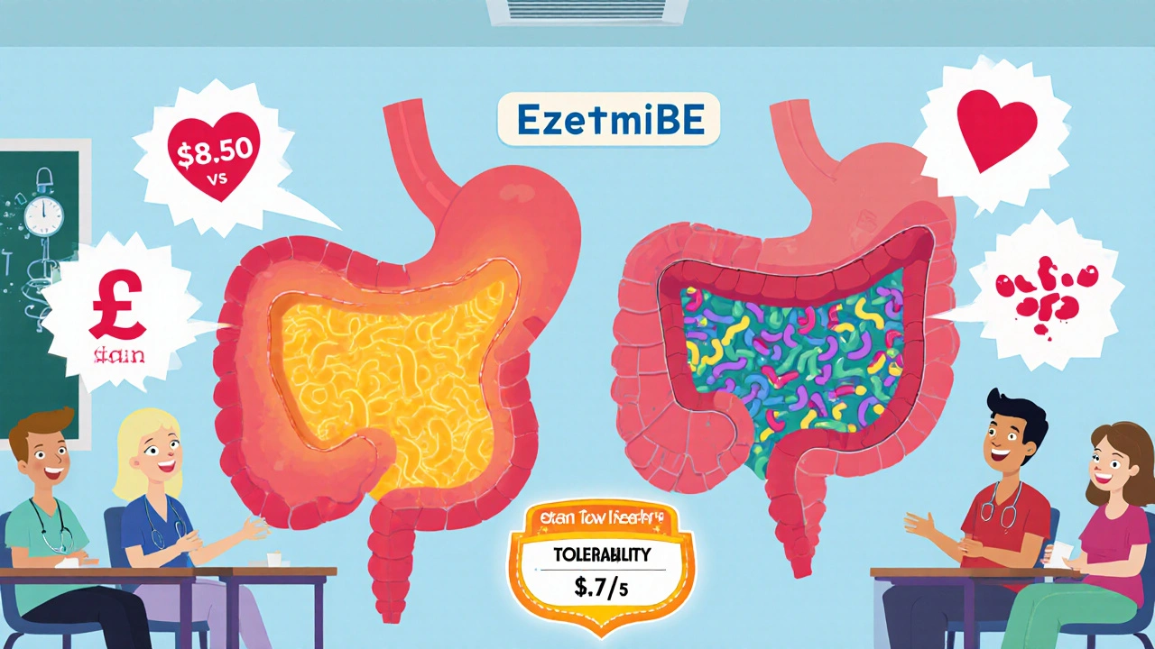 Two contrasting stomachs showing ezetimibe vs statin effects with cost and rating icons.