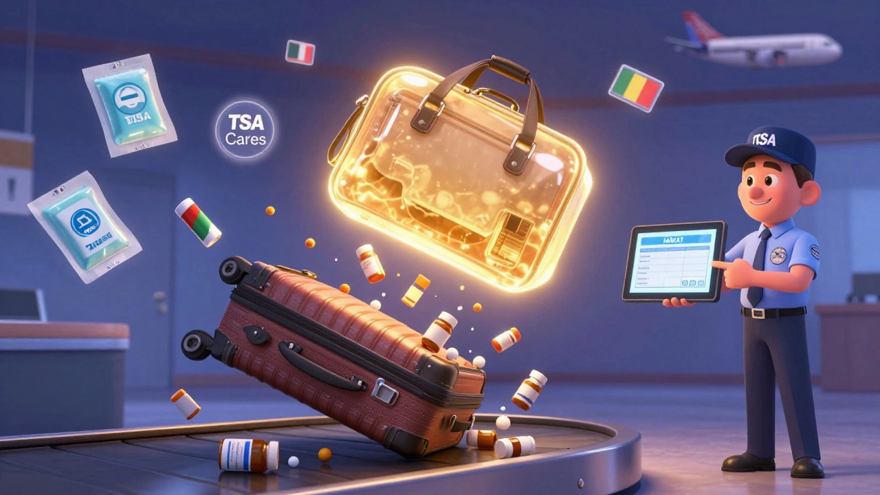 A checked bag spilling meds while a glowing carry-on floats safely above, protected by medical icons and TSA guidance.