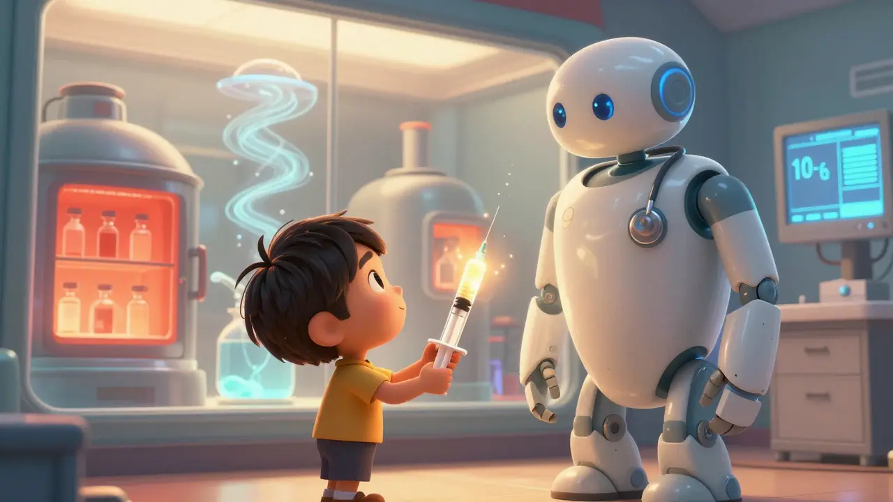 A child holding medicine as a friendly robot watches over a cleanroom filled with sterile processes.