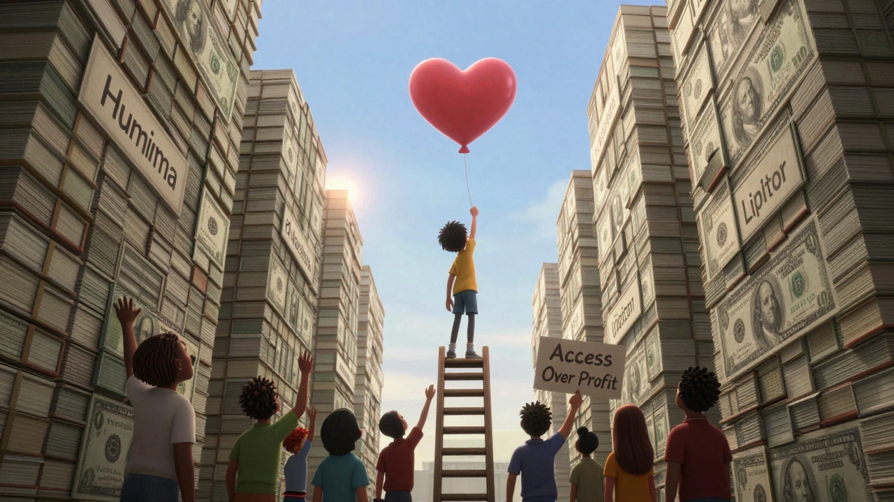 A child reaches for a heart-shaped balloon above walls of patent dollar bills, others try to climb.