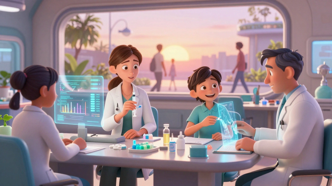 A collaborative mental health clinic where pharmacists and patients work together, with rising adherence data and a sunrise outside.