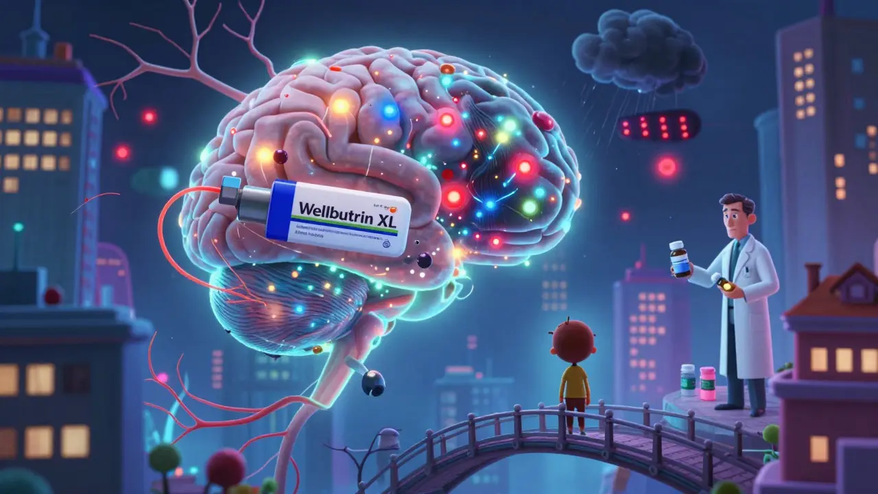 A colorful brain city with branded medication maintaining calm lights, while generic versions cause flickering storms in mood centers.