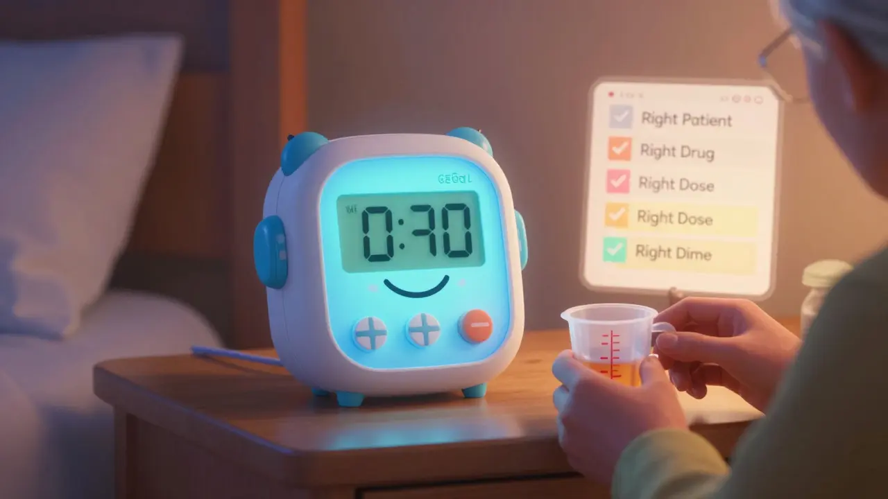 A digital pill organizer with alarms and checklist guiding safe medication use at night.