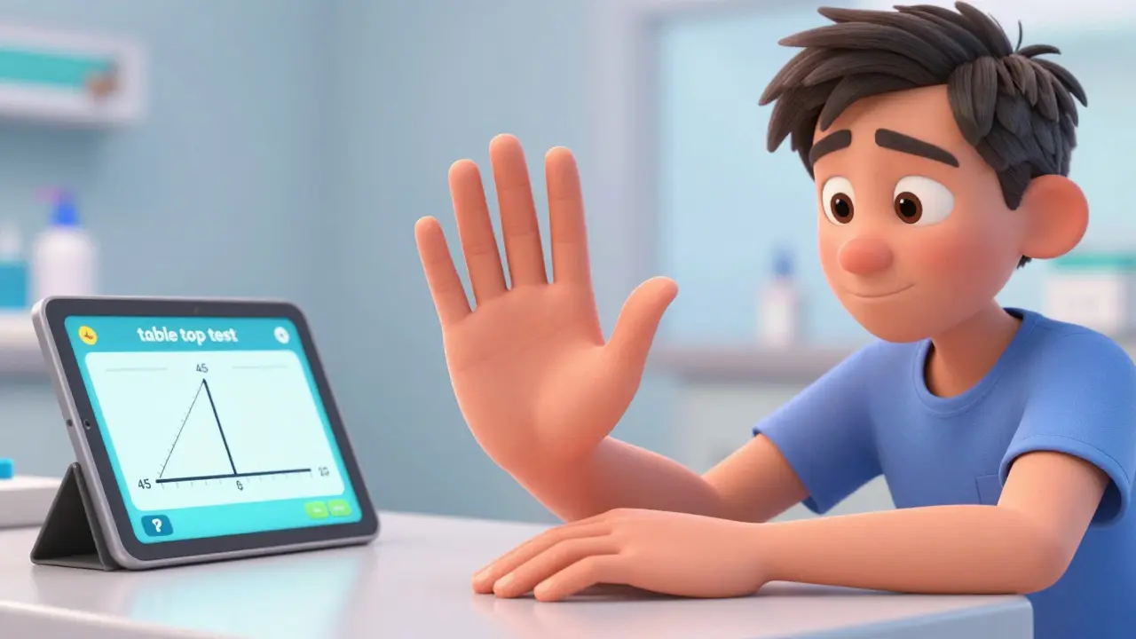 A doctor showing a patient the table top test for Dupuytren’s contracture.