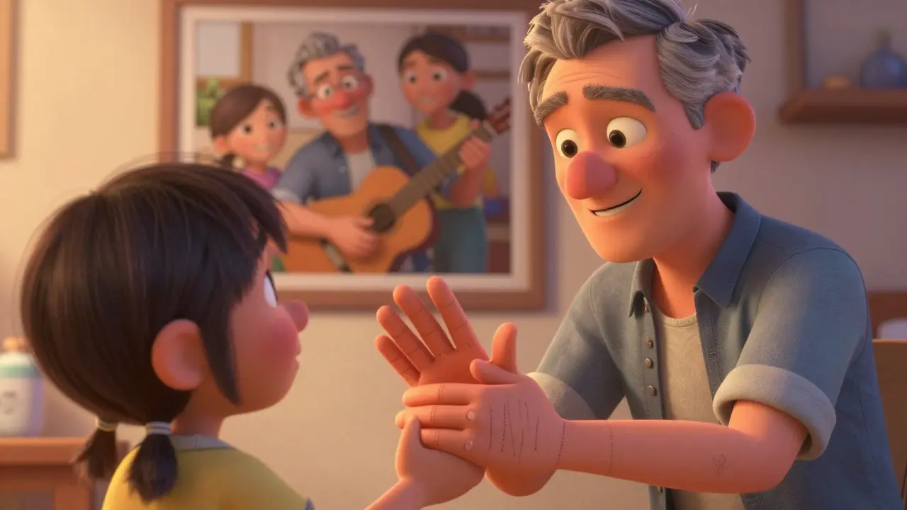 A man shaking hands with his grandchild, fingers straight after successful treatment.