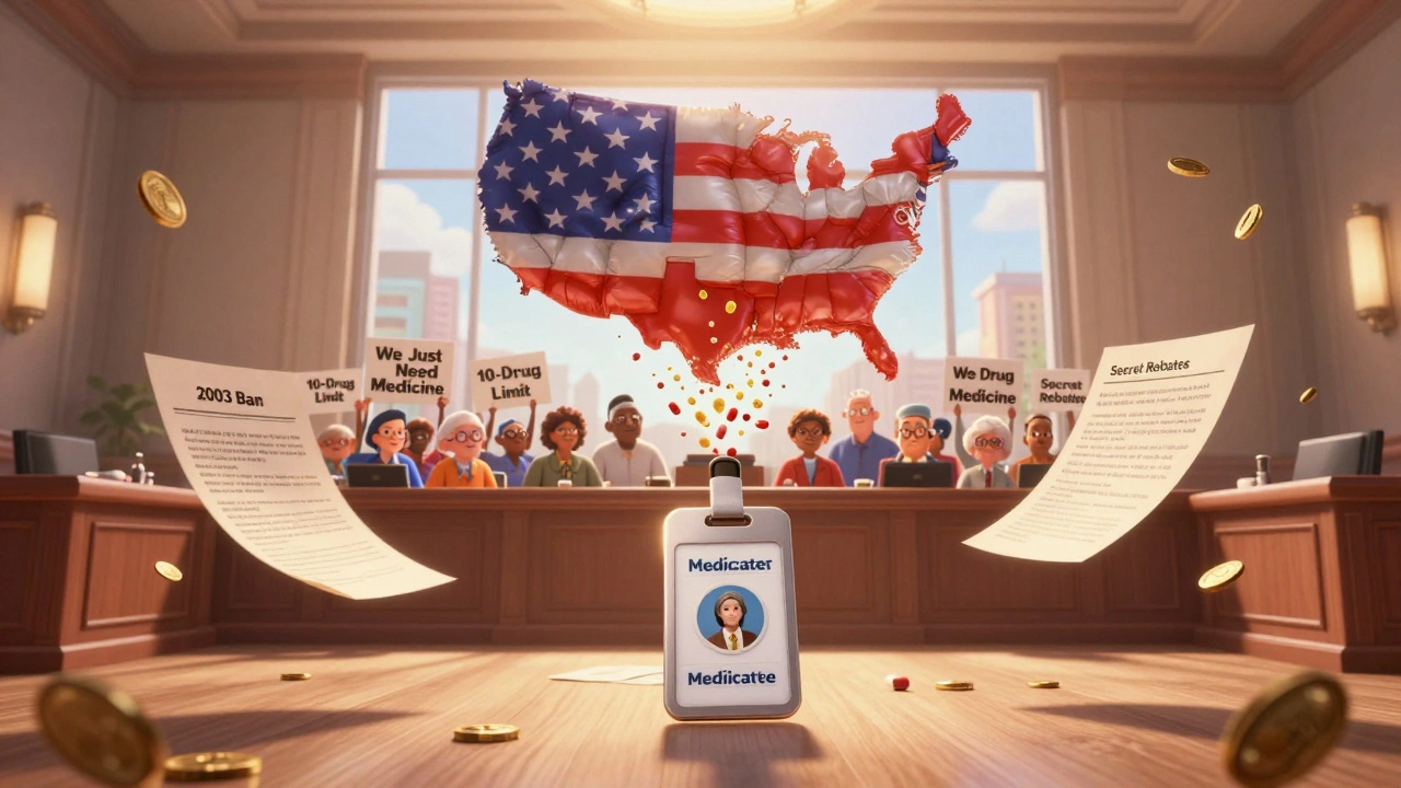 A Medicare badge floats in an empty courtroom as Americans hold signs for affordable medicine, with pills raining like coins.