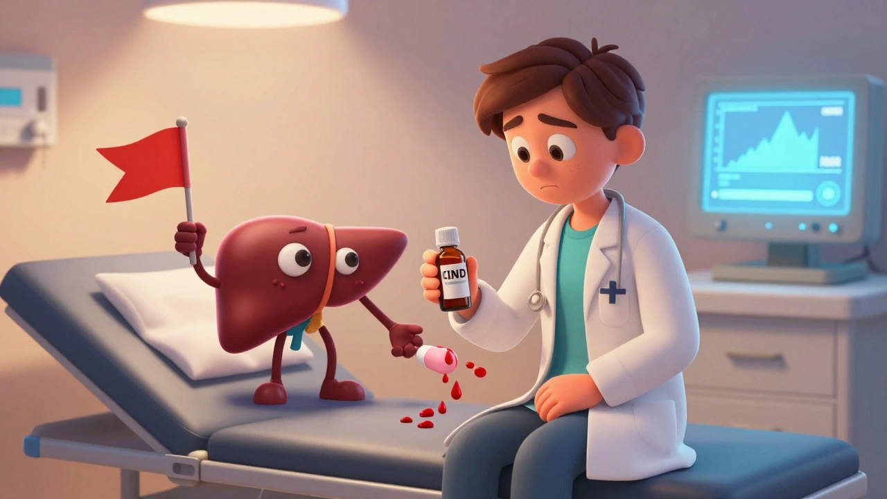 A patient holding CBD oil while a cartoon liver waves a red flag, with bleeding bruises appearing on their arm.