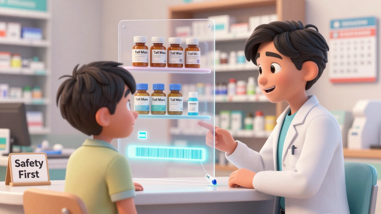 A patient receiving medication as transparent safety layers—dividers, bold labels, and barcode scan—float protectively around them.