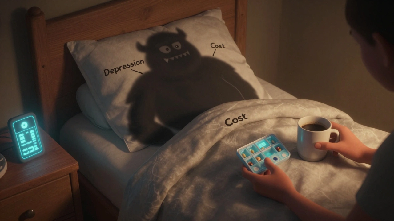 A person in bed is weighed down by depression and cost, while a helpful hand offers a simplified pill organizer and coffee.