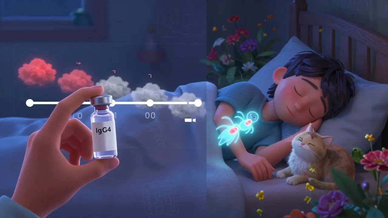 A person sleeping peacefully at night, surrounded by blooming flowers, with fading allergy symbols and glowing antibodies.