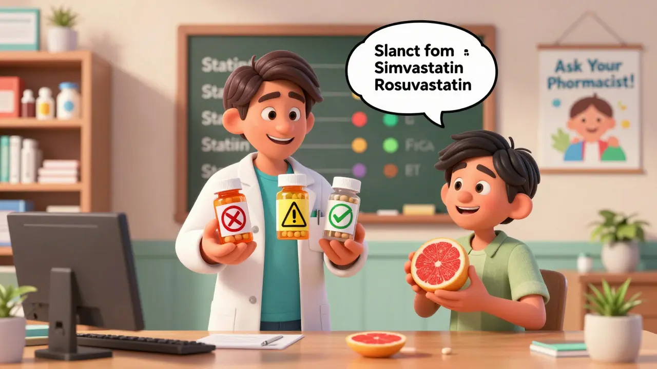 A pharmacist explains safe statins with grapefruit using color-coded bottles in a bright doctor's office.