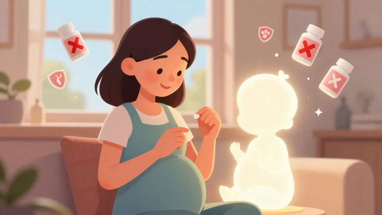 A pregnant woman taking acetaminophen while NSAID bottles float away with X symbols.