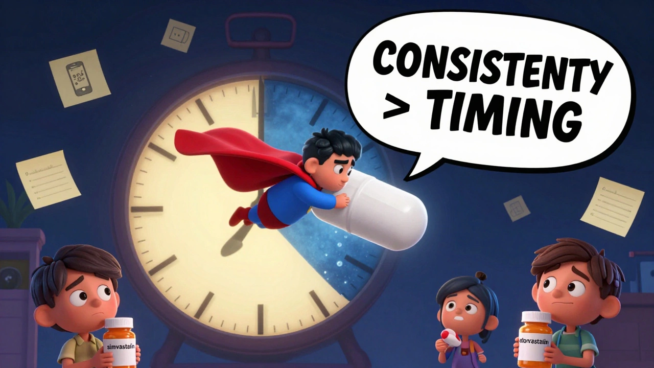 A superhero pill flying over a clock, with patients holding different statin bottles, symbolizing consistency over timing.