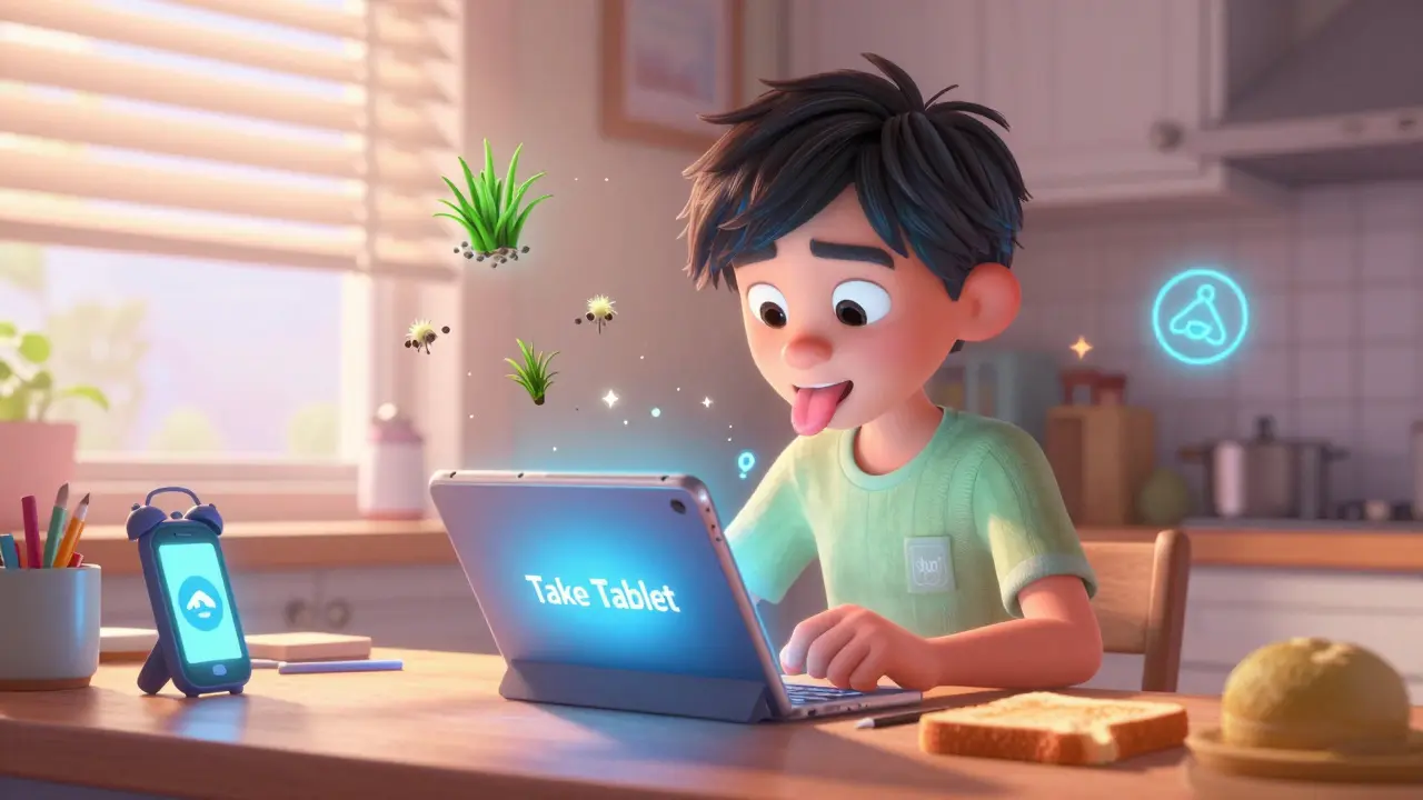 A tablet dissolving under a teenager's tongue while allergens shrink into sparkles in a sunny kitchen.