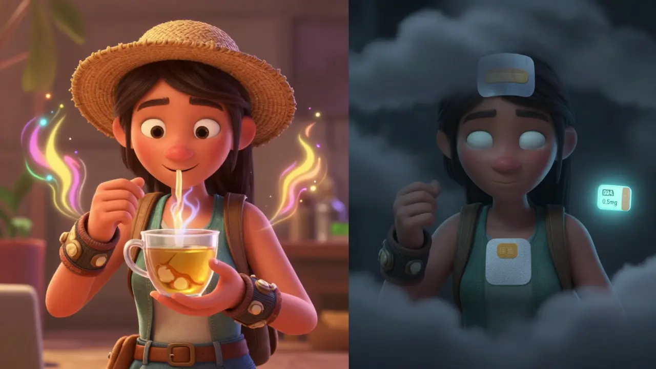 A traveler contrasts healthy ginger tea use with drowsy scopolamine side effects, shown in a split Pixar-style scene.